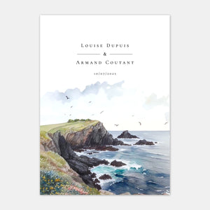Aquarellfarbene Hochzeitseinladung an der bretonischen Küste