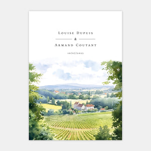 Aquarell-Champagner-Weinberg-Hochzeitseinladung