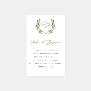 Carton invitation de mariage monogramme feuillages