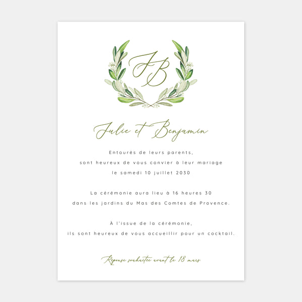 Wedding invitation monogram foliage