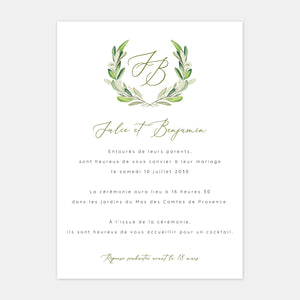 Faire-part de mariage monogramme feuillages