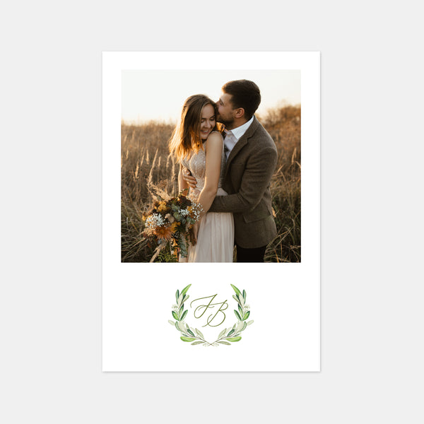 Carton remerciement mariage monogramme feuillages