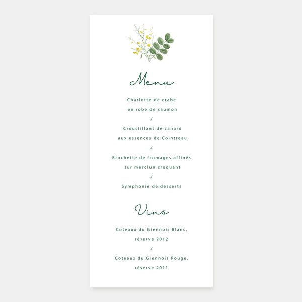 Menu mariage brin de fleurs sauvages