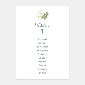 Wedding table plan sprig of wild flowers