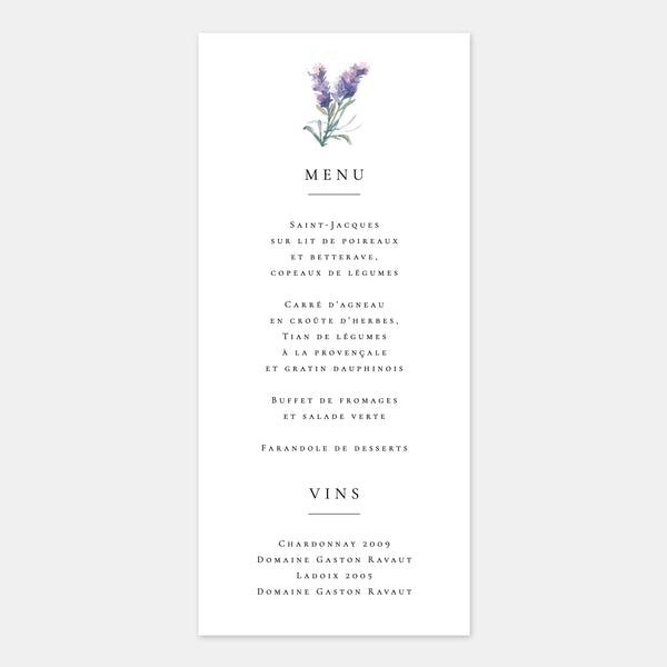 Menu de mariage Provence aquarelle