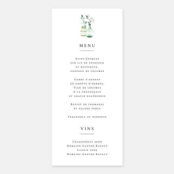 Menu de mariage champêtre chic aquarelle