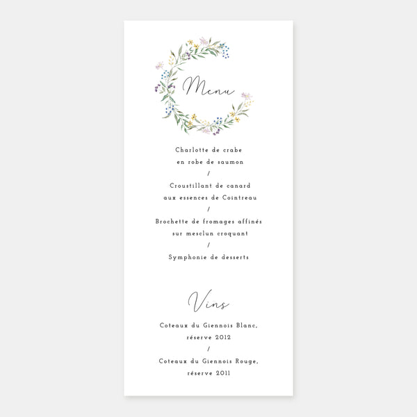 Menu de mariage couronne champêtre