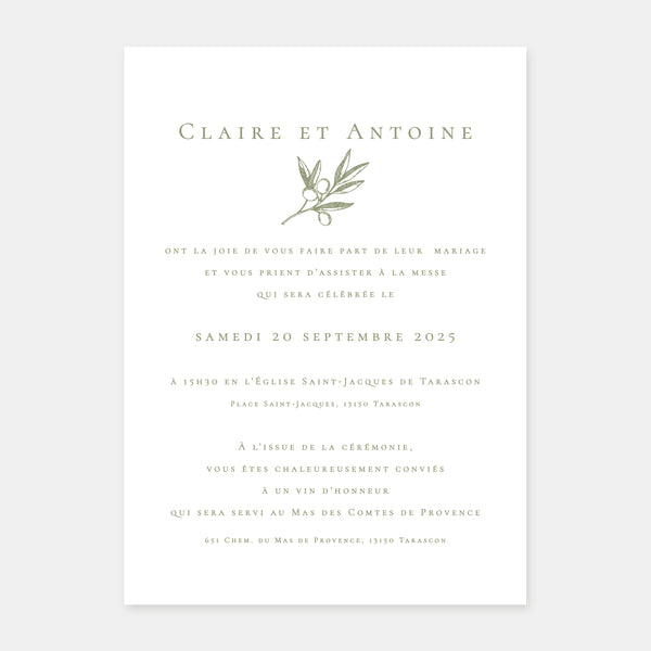 Faire-part de mariage branche d'olivier