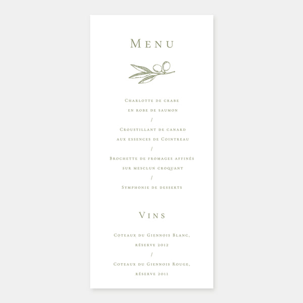 Menu de mariage branche d'olivier