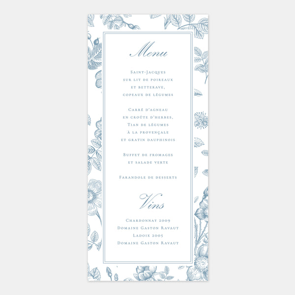 Menu mariage toile de Jouy florale