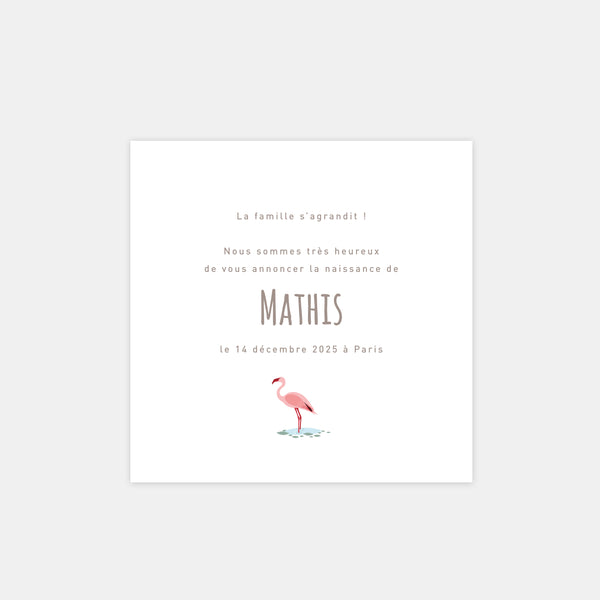 Faire-part de naissance jungle flamant rose