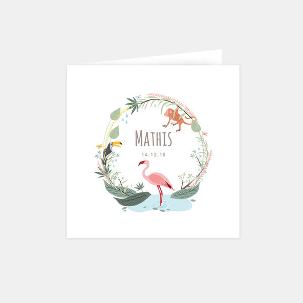 Faire-part de naissance jungle flamant rose