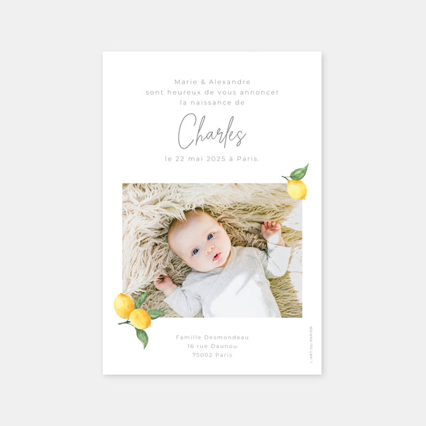 Faire-part de naissance citrons aquarelle