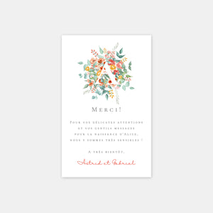 Carte de remerciement naissance aquarelle bouquet