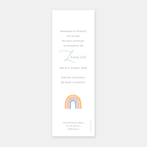 Birth announcement rainbow bookmark