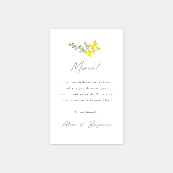 Mimosa flower birth thank you card