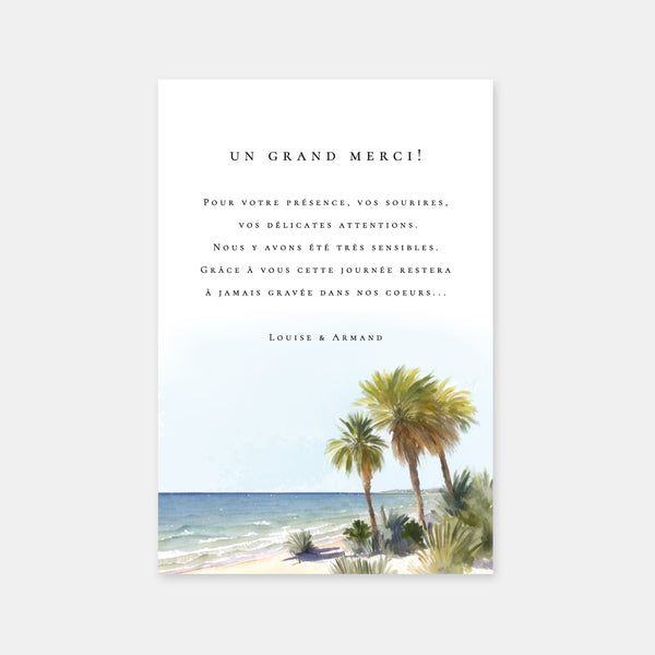 Watercolor tropical beach wedding thank you card