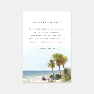 Watercolor tropical beach wedding thank you card
