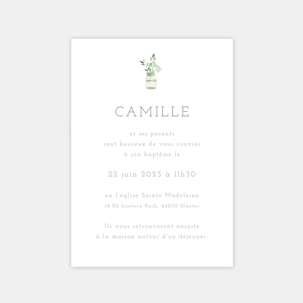 Faire-part de baptême champêtre chic aquarelle