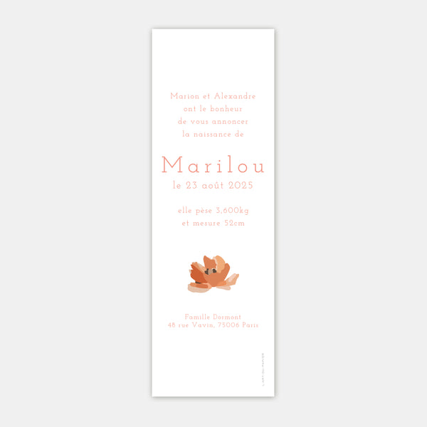 Faire-part de naissance marque page mes premières fleurs