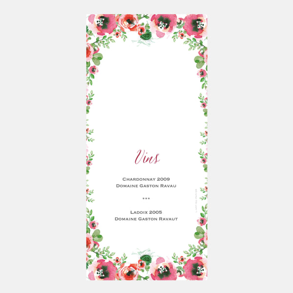 Menu Mariage Fleurs Aquarelle