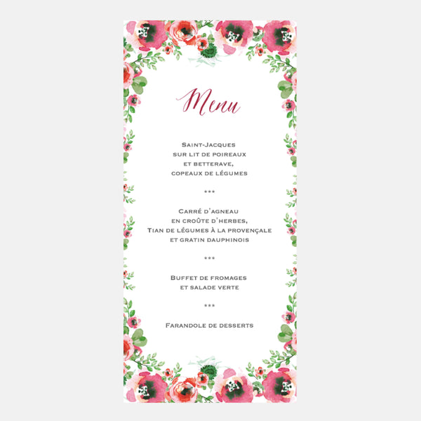 Menu Mariage Fleurs Aquarelle