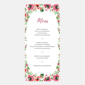 Menu Mariage Fleurs Aquarelle