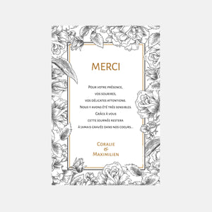 Carton remerciement mariage fleurs gravure