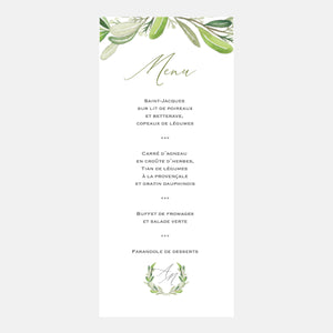 Wedding menu monogram foliage