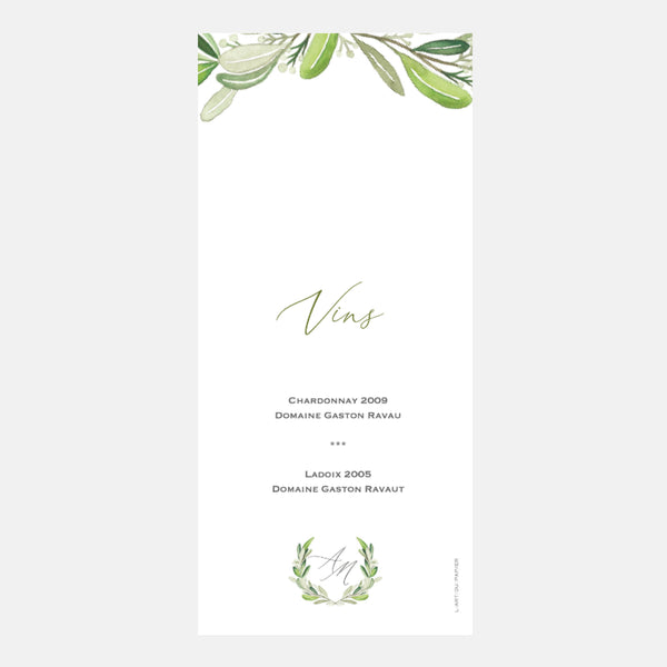 Menu mariage monogramme feuillages
