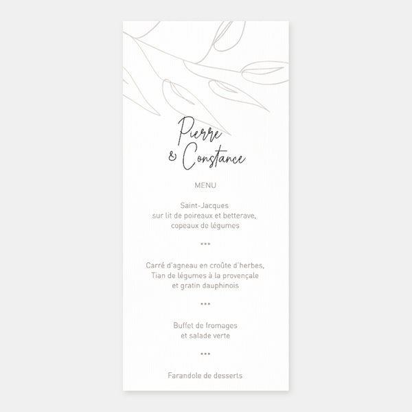 Menu de Mariage esquisse feuillage