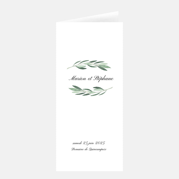 Menu de Mariage Classique Feuillages