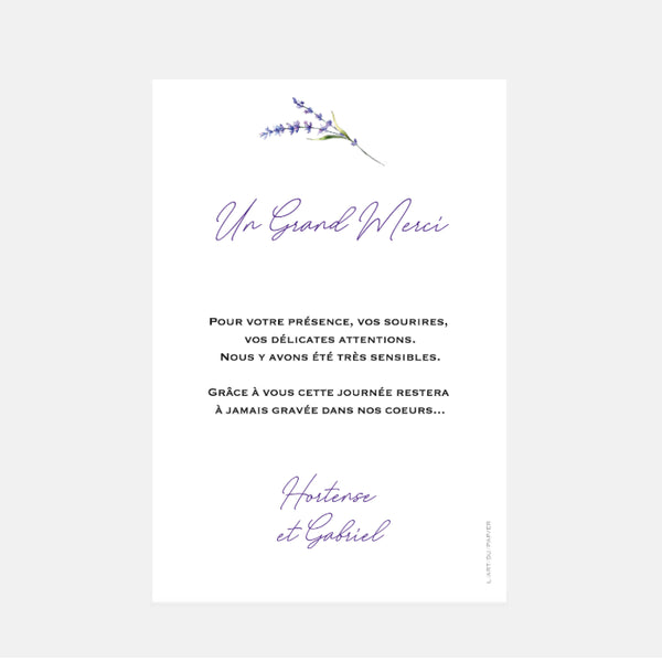 Carton remerciement mariage transparence lavandes
