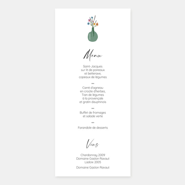 Menu de mariage une fenêtre sur le jardin