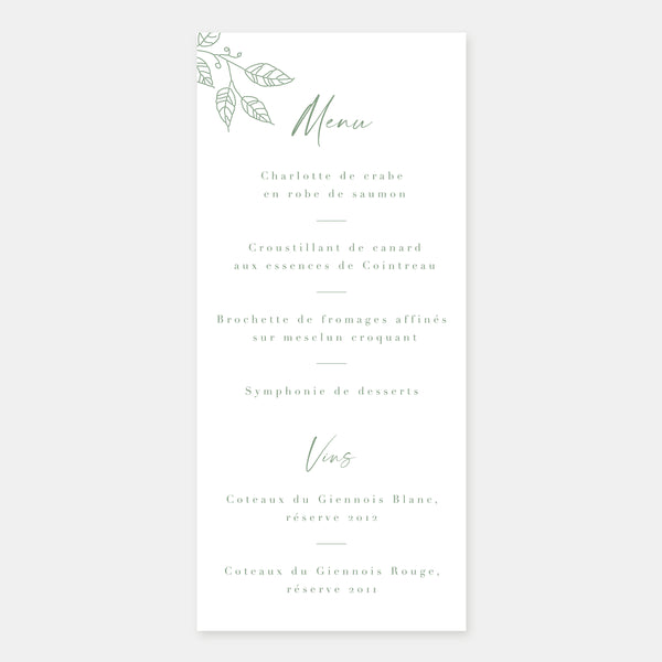 Menu de mariage feuillage