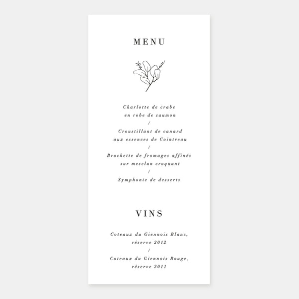 Menu de mariage esquisse nature