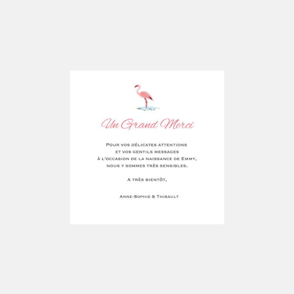 Carte de remerciement naissance Jungle Flamant Rose