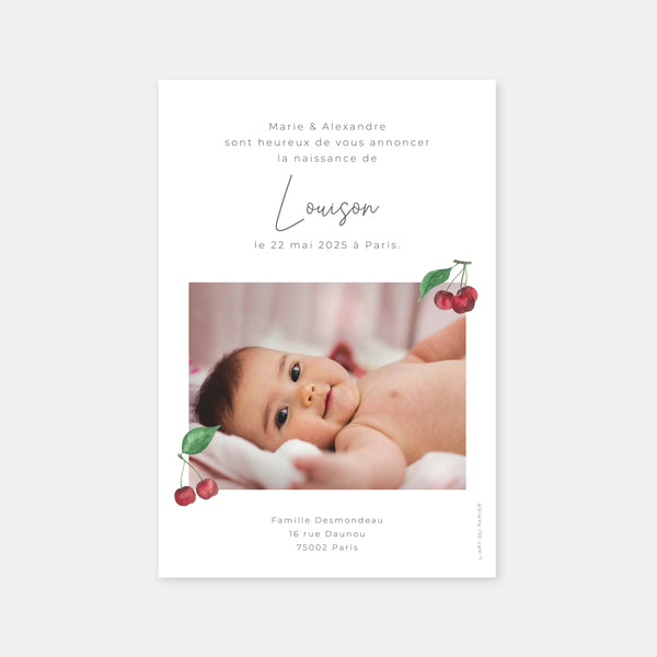 Faire-part de naissance cerises aquarelle