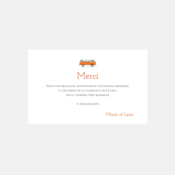 Carte de remerciement naissance Combi
