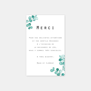 Carte de remerciement naissance Eucalyptus