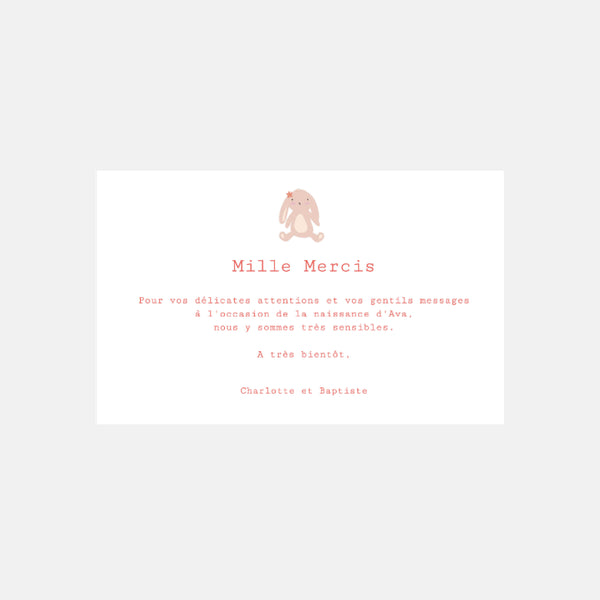 Carte de remerciement naissance Doudou Fille