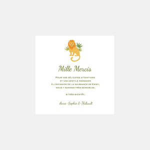 Carte de remerciement naissance Jungle Lion