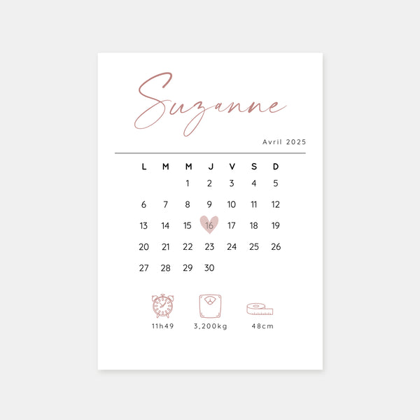 Faire-part de naissance calendrier 30 jours