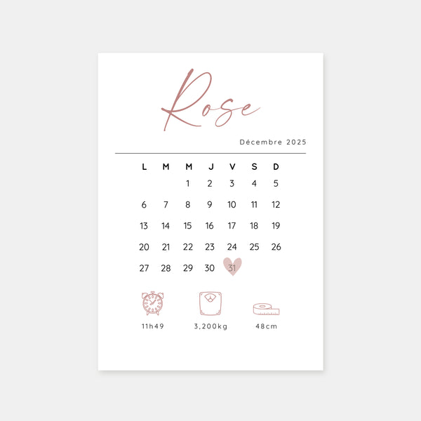 Faire-part de naissance calendrier 31 jours
