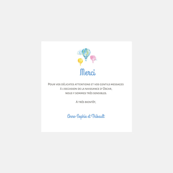 Hot air balloon birth thank you card