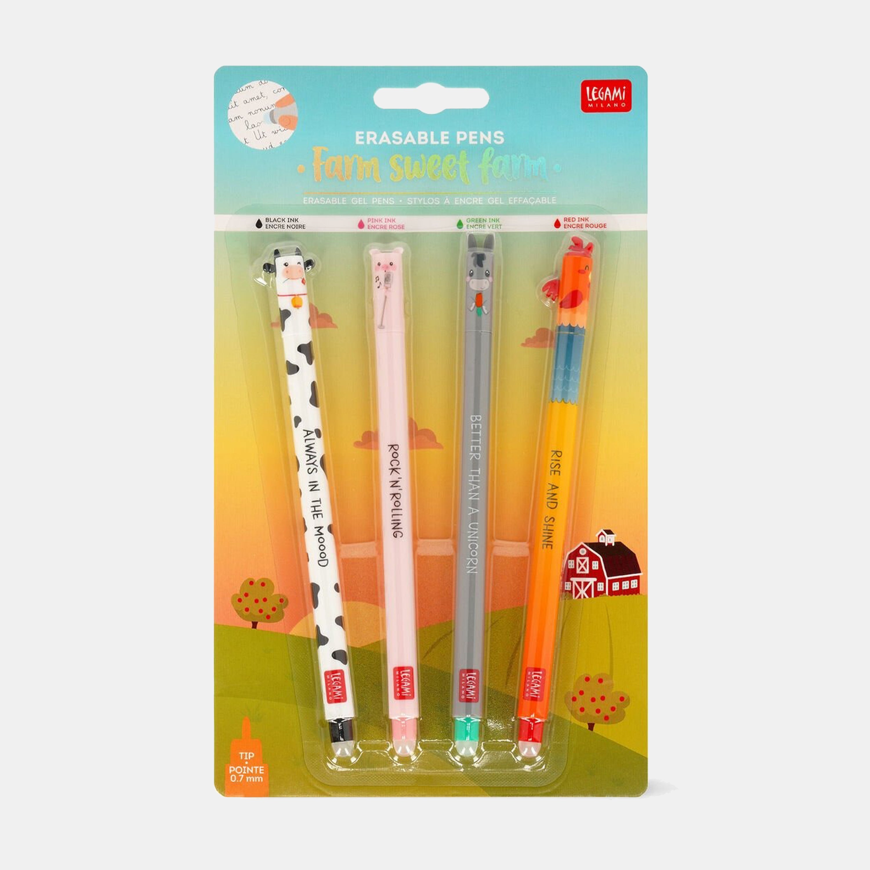 Set de 4 stylos encre gel effaçables - Animaux de la ferme – L'Art du Papier Paris Set de 4 stylos encre gel effaçables - Animaux de la ferme – L'Art du Papier Paris