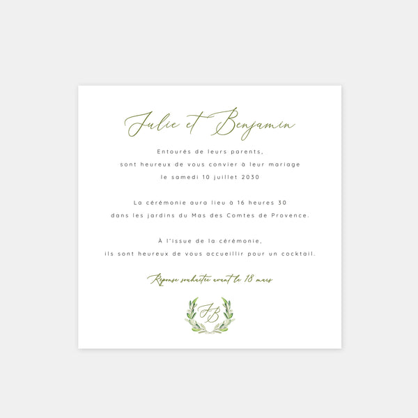 Wedding invitation monogram foliage