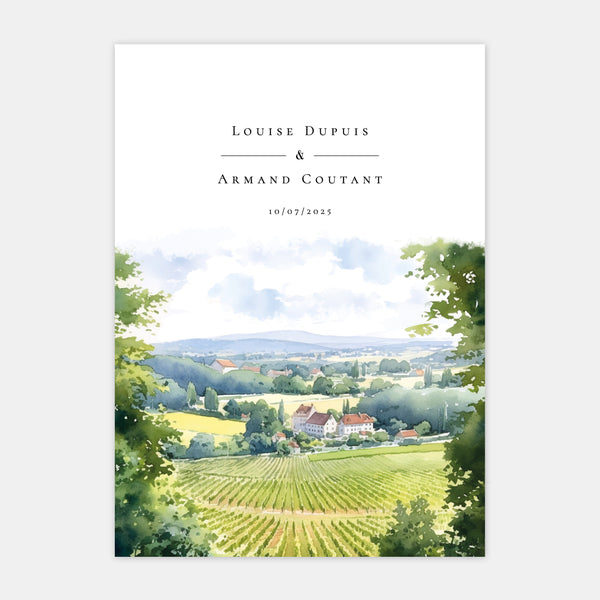 Aquarell-Champagner-Weinberg-Hochzeitseinladung