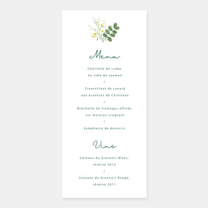 Wedding menu sprig of wild flowers