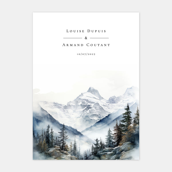 Watercolor winter mountain wedding invitation